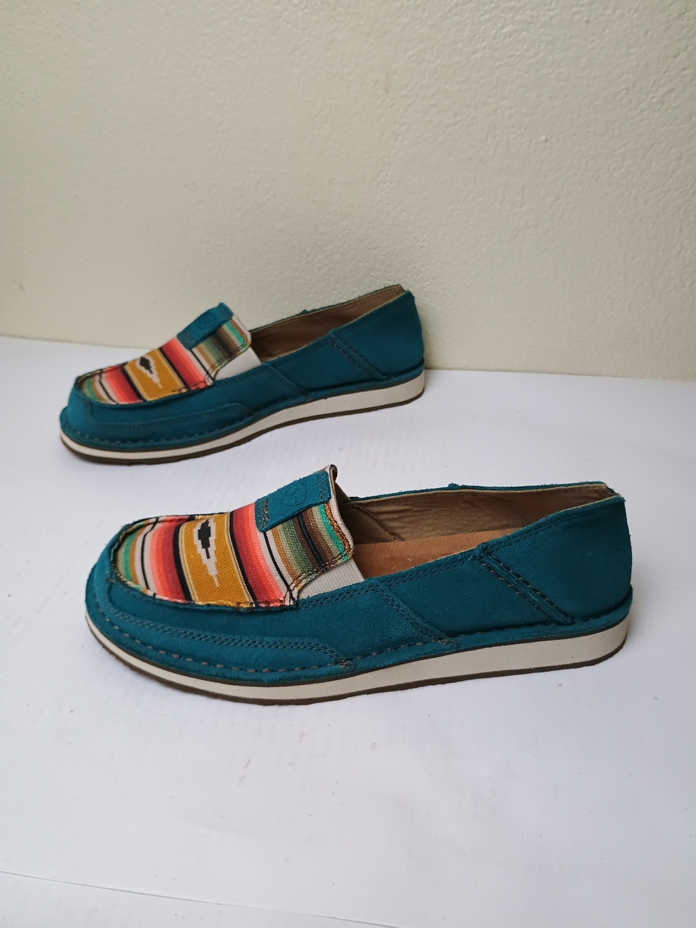 Ariat Cruise Western Teal Suede Slip-On Loafer Striped Vamp Southwestern Serape
